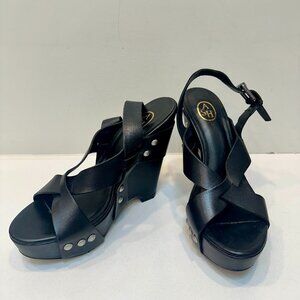 Ash ‘Lucy’ Black Leather Platform Wedge Sandal Shoes (Size 8)